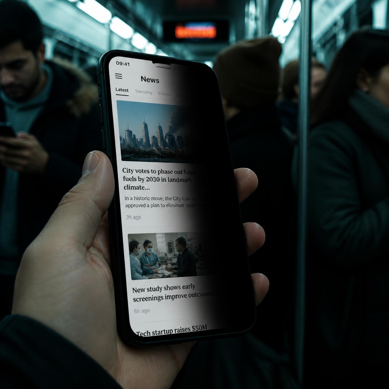 Smartphone on a busy train with the screen readable from the front and dark from the side, showing the privacy screen effect
